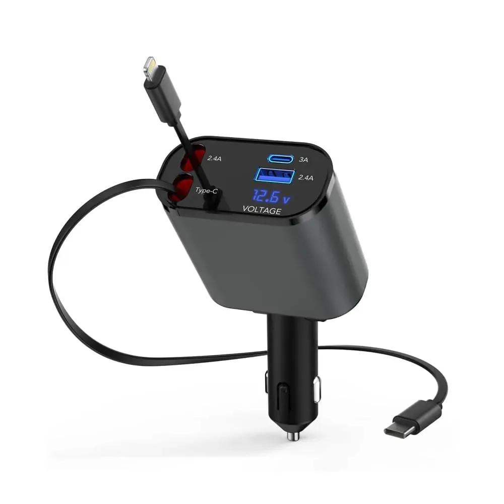 شاحن سريع للسيارة قابل للسحب بمنفذ USB C