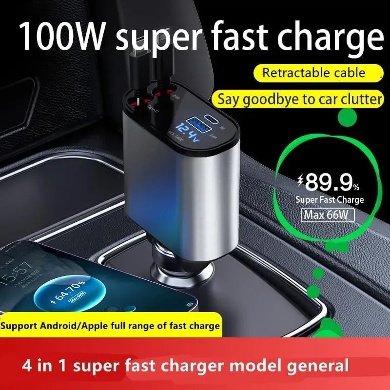 شاحن سريع للسيارة قابل للسحب بمنفذ USB C