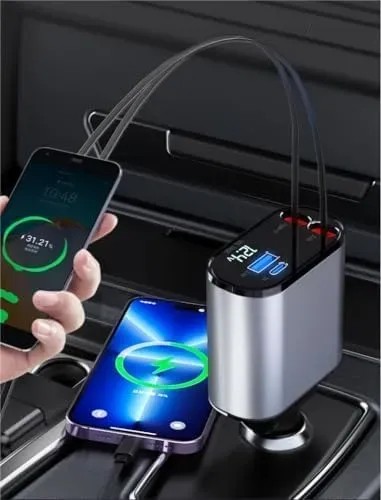 شاحن سريع للسيارة قابل للسحب بمنفذ USB C