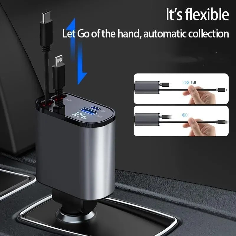 شاحن سريع للسيارة قابل للسحب بمنفذ USB C