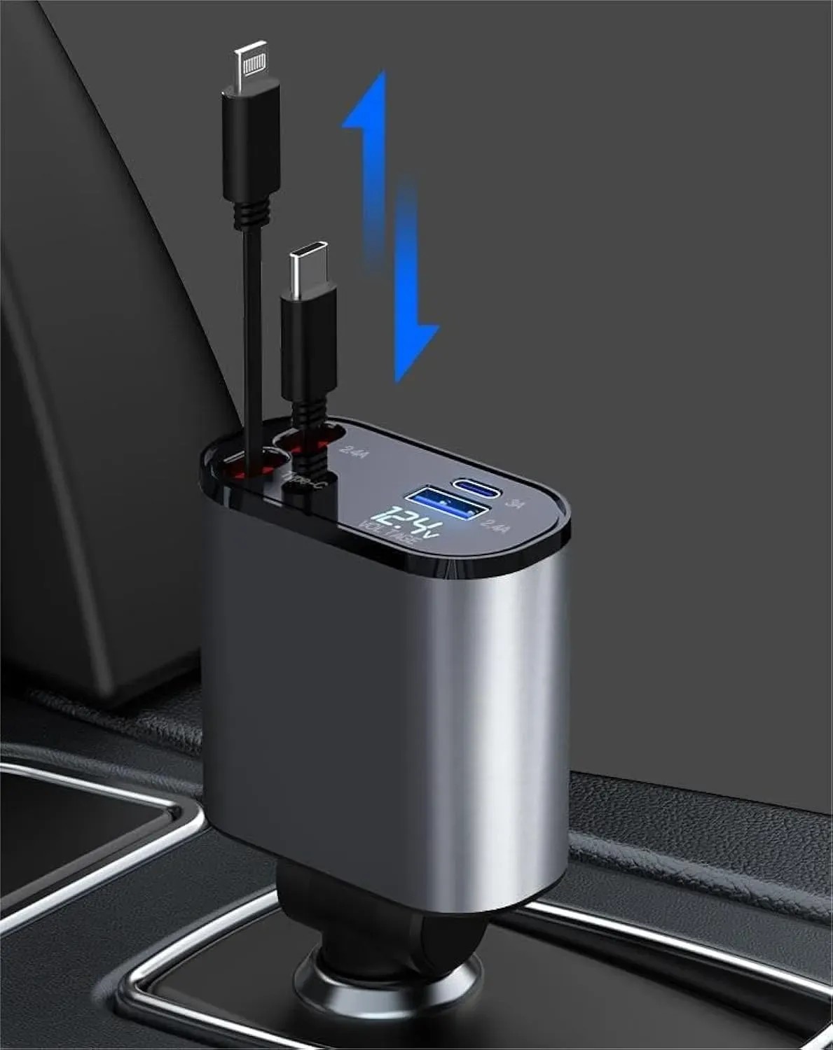 شاحن سريع للسيارة قابل للسحب بمنفذ USB C