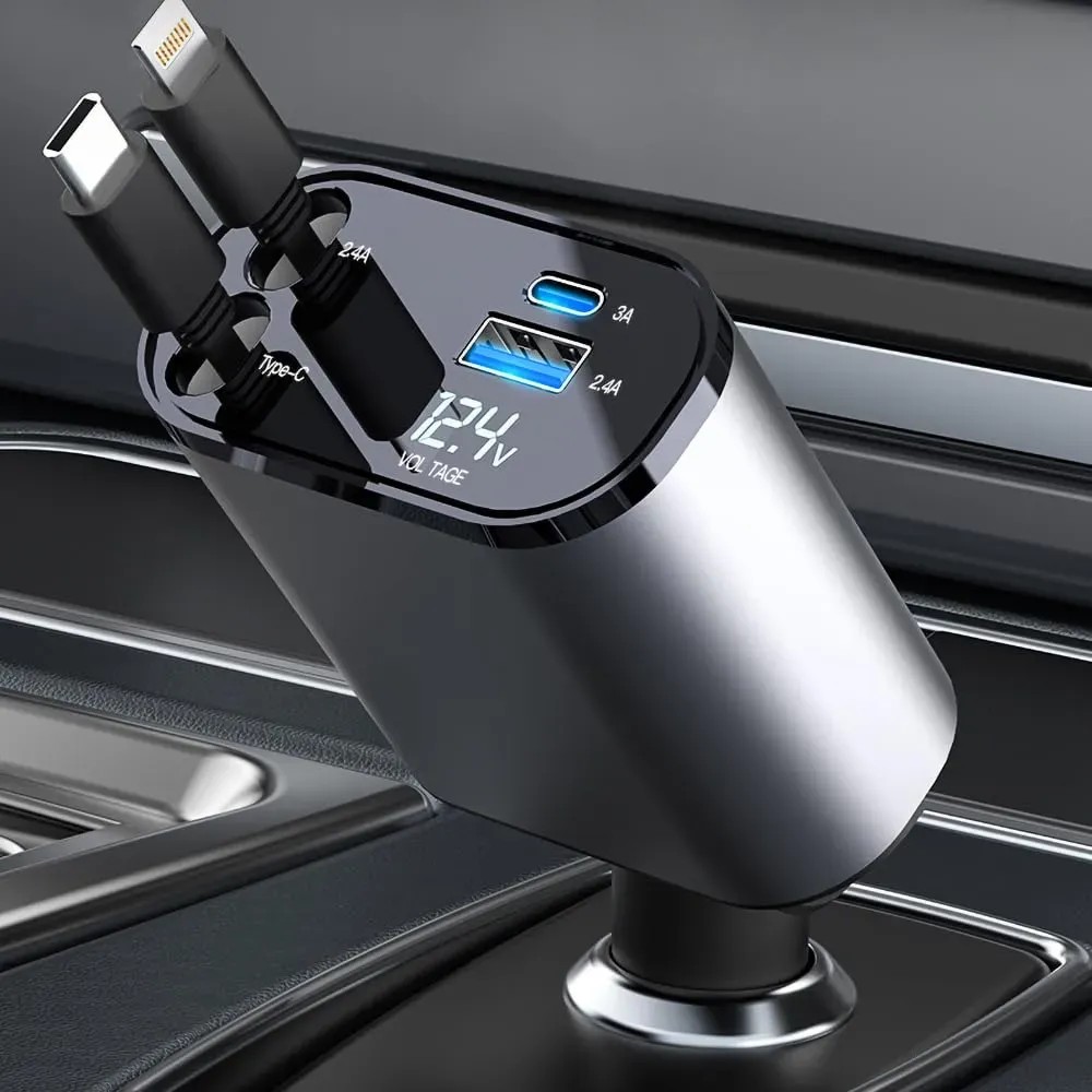شاحن سريع للسيارة قابل للسحب بمنفذ USB C